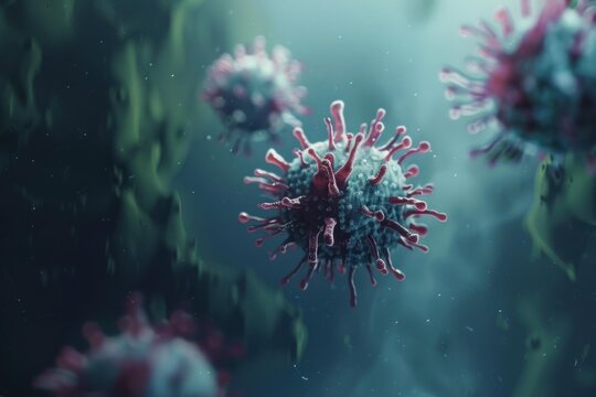 Coronavirus covid 19 cell under the microscope floating in a blue environment with other viruses in the background