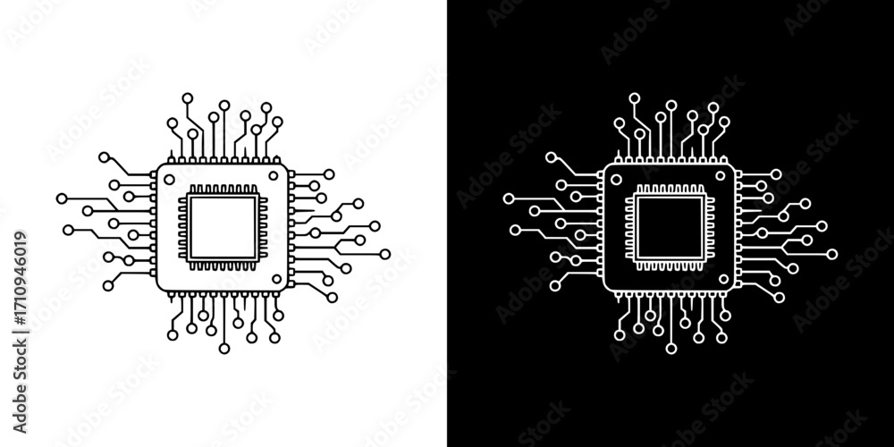 Aufkleber microchip with circuit lines on transparent and black background, concept of neural networks and art