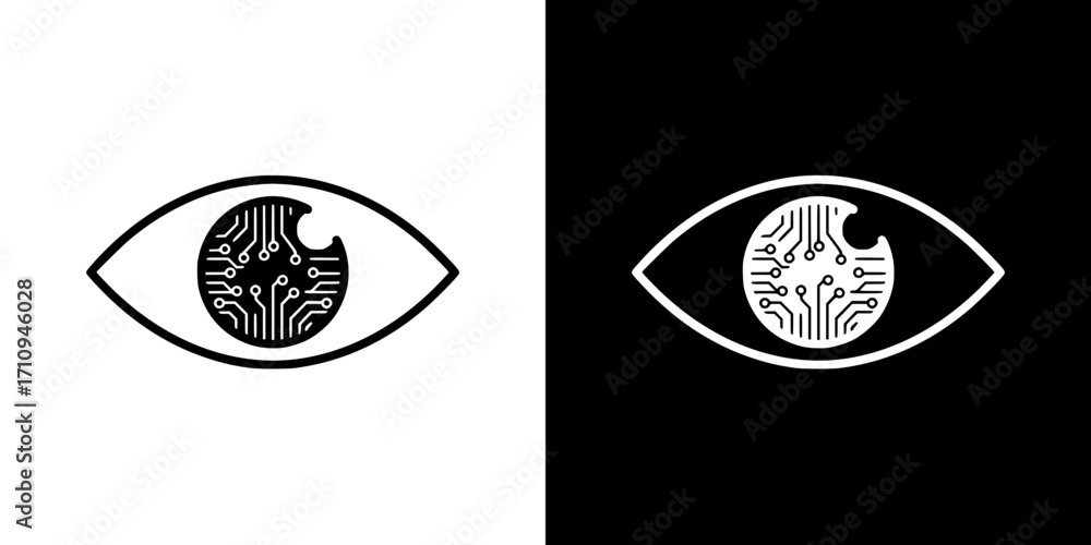 Poster eye with neural network design in outline icon on transparent and black background
