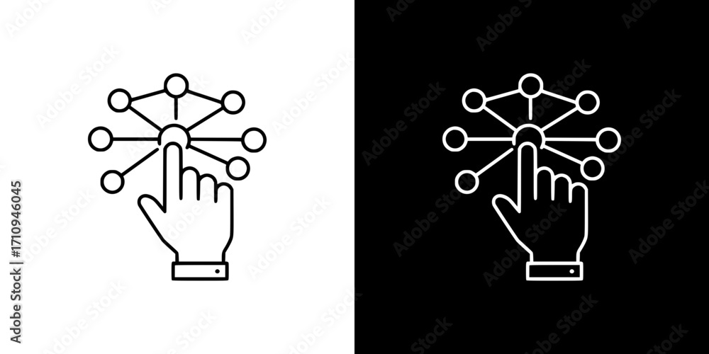 Aufkleber outline icon of hand interacting with neural networks on transparent and black background