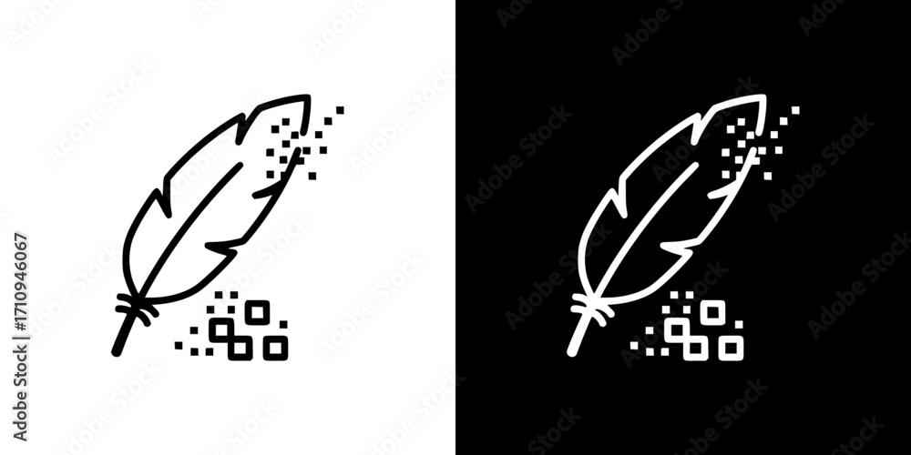 Poster feather icon with digital pixels on transparent and black background