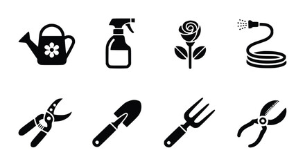 Collection of Black and White Garden Icons Watering Can, Sprayer, Rose, Hose, and Tools
