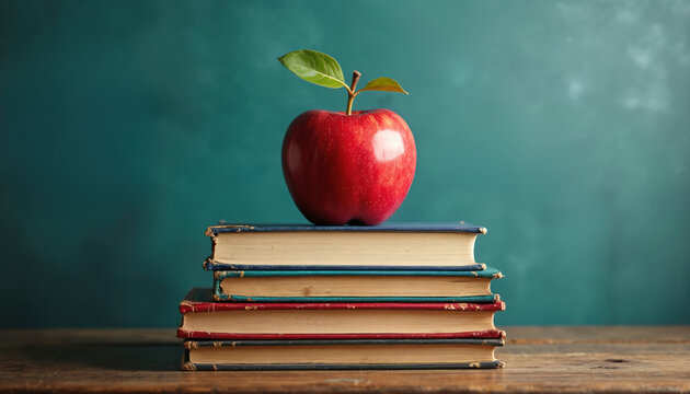 Shiny red apple with green leaf sits on vintage stacked books. Image represents school, learning, knowledge, wisdom, study. Teacher appreciation, back to school, academic success, college prep.