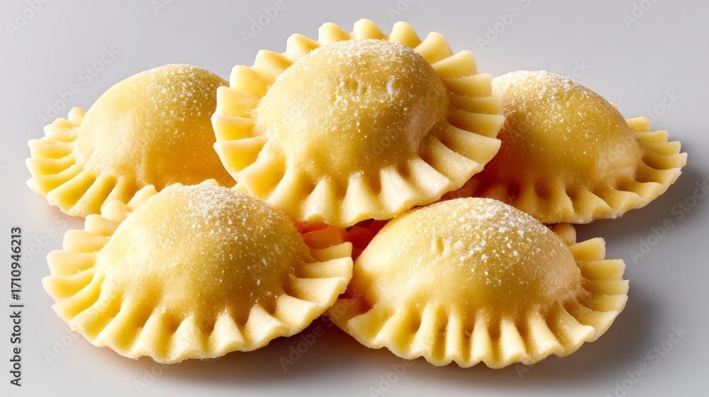 Poster a stack of yellow dumplings with powdered sugar on top. the dumplings are arranged in a neat pile, w
