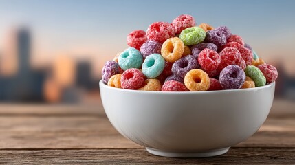 A bowl of colorful cereal with a city skyline in the background. The bowl is filled with a variety of colorful cereal pieces, including red, yellow, and green