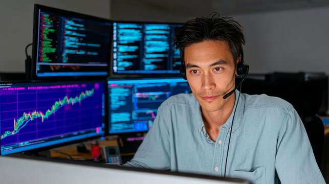 A man wearing a headset is sitting in front of a computer monitor with multiple screens. He is focused on his work, possibly analyzing data or working on a project - Powered by Adobe