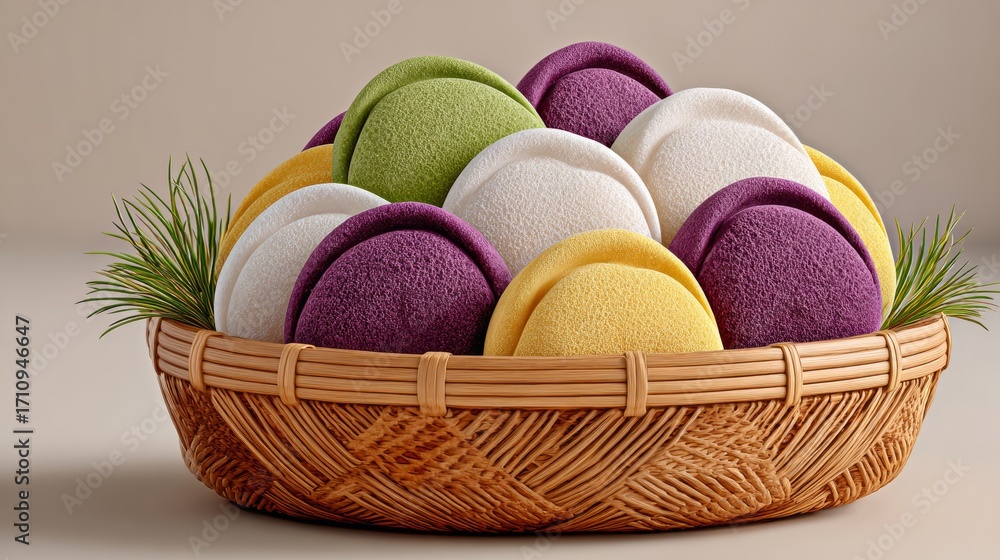 Poster a basket full of colorful doughnuts with different flavors and colors. the doughnuts are arranged in