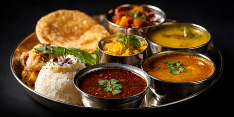 Thali north indian or south indian style on black background