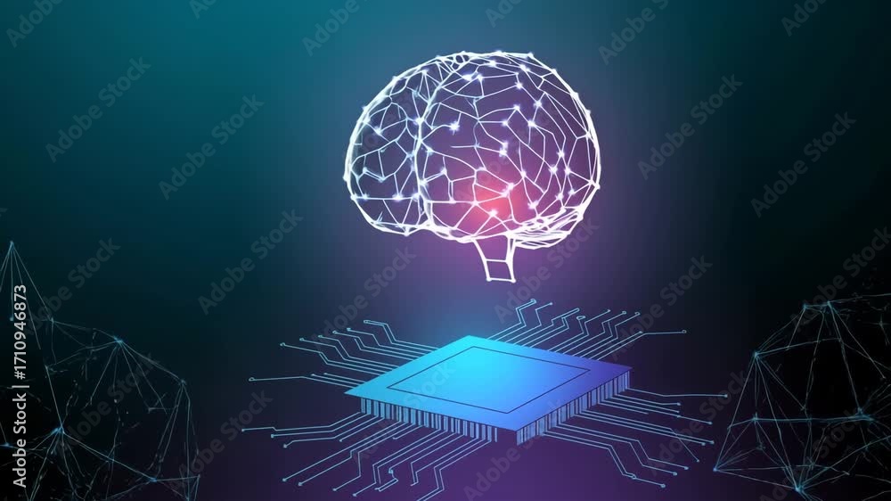 Poster brain and processor: an abstract depiction of a human brain merged with a computer processor, symbol
