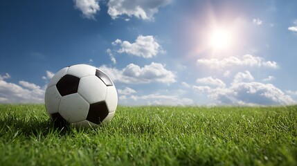 Fototapeta premium Soccer ball on green grass under sunny sky.