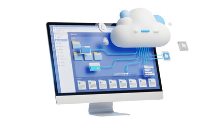 3d cloud storage concept with computer and file folders  
