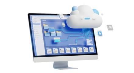 3d cloud storage concept with computer and file folders  
