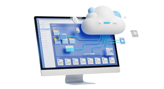3d cloud storage concept with computer and file folders  
