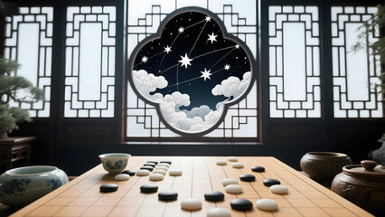 A traditional Chinese indoor scene featuring a go board with stones and a starry window design, showcasing cultural and intellectual elements.