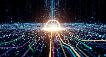 Abstract Network of Colorful Data Streams Converging into a Central Bright Orb on a Dark Background.