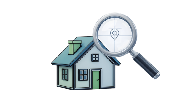 House with magnifying glass and location icon for property search  
