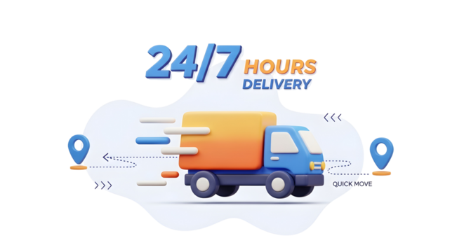 3d delivery truck with 24 7 service and location pins  
