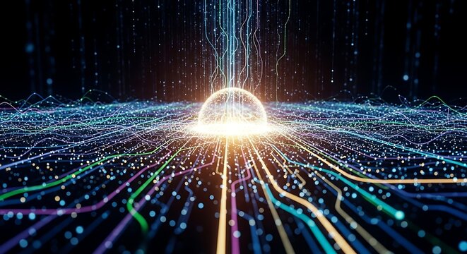 Abstract Network of Colorful Data Streams Converging into a Central Bright Orb on a Dark Background.
