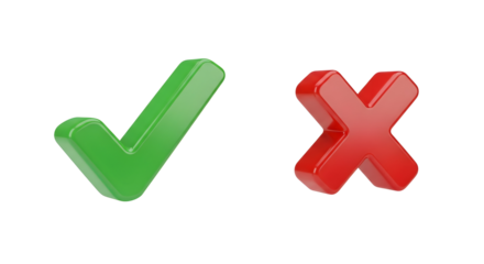 3d green check mark and red cross symbol icons  
