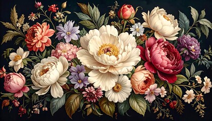 Floral bouquet, rich colors, dark background
