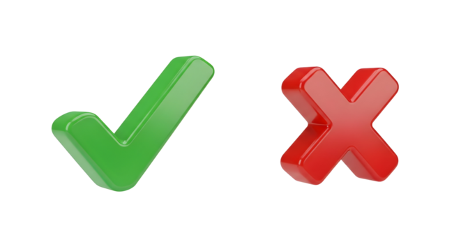 3d green check mark and red cross symbol icons  
