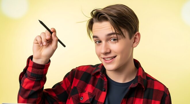 A young man in a red and black plaid shirt holds a stylus pen up to his head, looking at the camera with a playful expression.