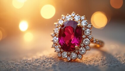 Naklejka premium Close-up of a luxurious ruby and diamond ring. Gold band with central oval red gemstone surrounded by small clear diamonds. Warm, soft bokeh background.