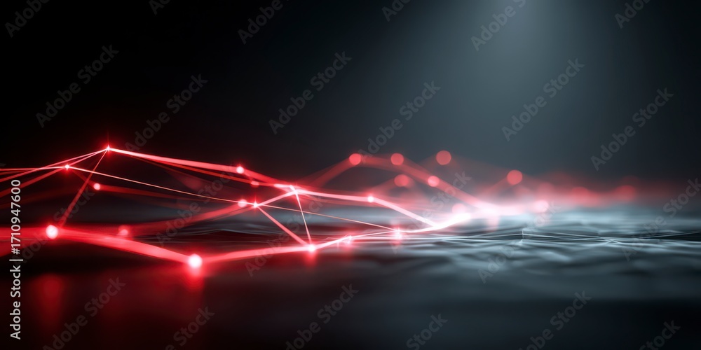 Poster digital data flow: an intricate, glowing network of red lines and nodes dances across a textured, da