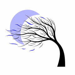 Stylized tree bending in the wind under a crescent moon