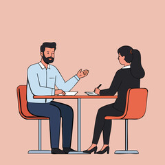 Fototapeta premium Two figures at a table A man gestures while a woman writes Red chairs table