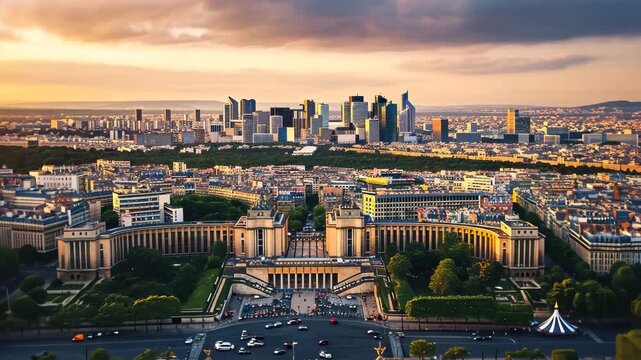 This video shows an aerial view of the city of Paris, featuring iconic landmarks such as the Eiffel Tower and the River Seine, Paris city skyline captured from a bird's eye perspective, AI Generated