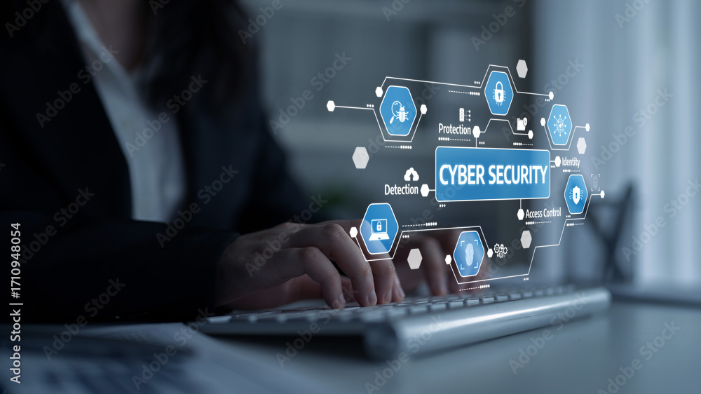 Poster a professional woman actively types on a keyboard, surrounded by cyber security graphics that emphas