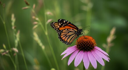 Obraz premium Monarch butterfly perched on pink echinacea flower in garden 
