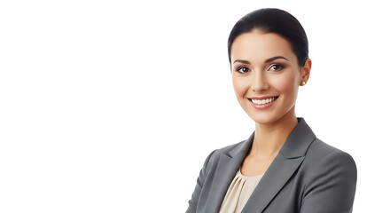 Portrait of a Smiling Businesswoman in a Gray Suit Against a White Background image photo
