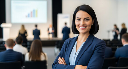 Professional woman in a suit leading a business seminar with attendees leader