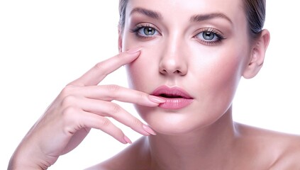 Close-up of face of beautiful woman, gently flexing her fingers to showcase her perfect natural make up and glossy manicure nail art