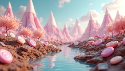 Fantasy landscape with candy river, lollipop rocks, chocolate bars, and pink candy mountains. Swirl lollipops and small trees create a whimsical sweet scene with a bright blue sky.