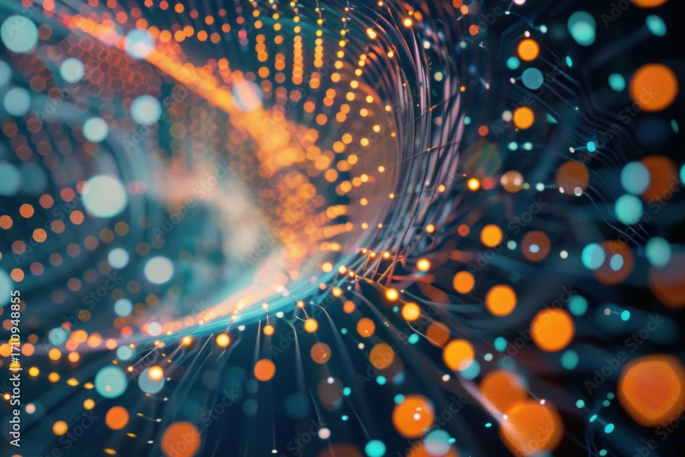 Poster abstract network flowing creating a futuristic tunnel of data with a blurred background