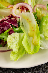 Chicory salad green leaf mix vegetables dish natural product tasty snack fresh delicious gourmet food background on the table rustic top view copy space keto and paleo diet vegan and vegan food