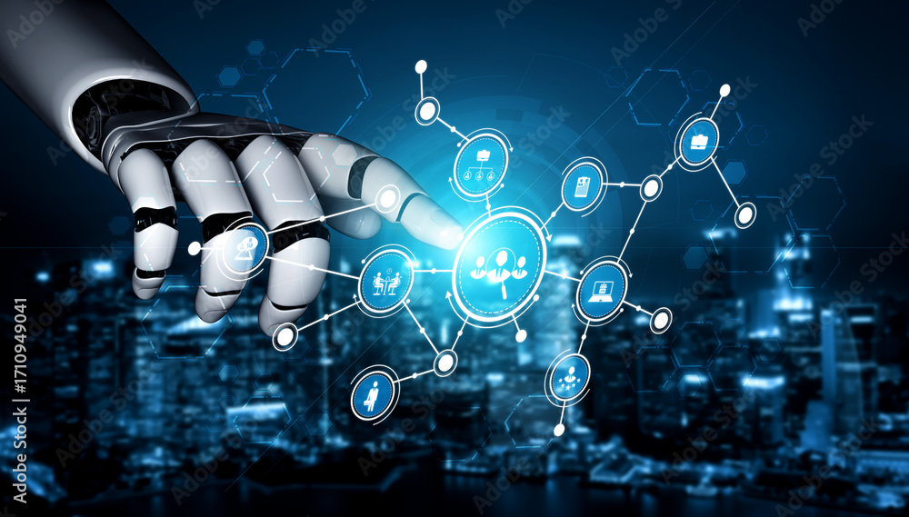Poster a detailed visual representation of a robotic hand engaging with digital connections against a city 