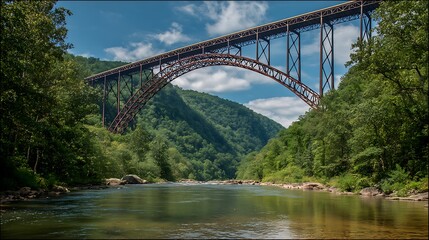 Obraz premium Steel arch bridge spanning a river.