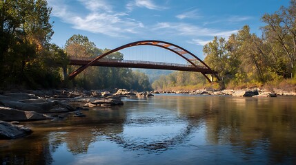 Steel arch bridge spanning a river.