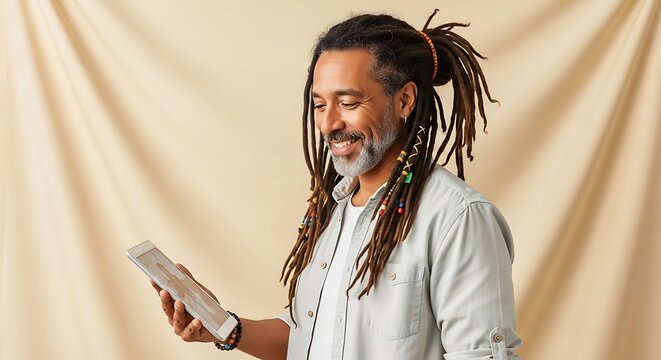 A smiling man with dreadlocks and a beard reads a book against a textured beige backdrop.