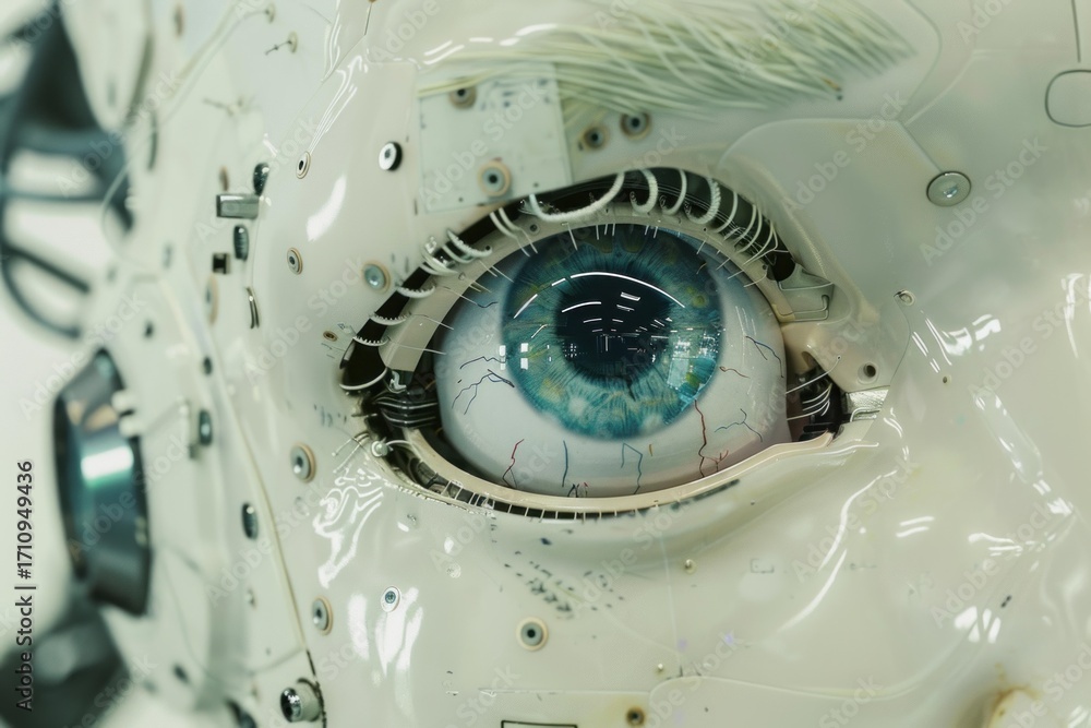 Poster close up of a robot eye showing a blue iris and artificial emotion