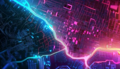 Obraz premium Neon Metropolis: Abstract Aerial View of a Cityscape with a River, Illuminated in Electric Blues, Pinks, and Oranges.
