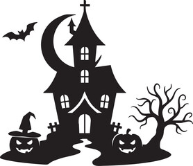 Illustration of silhouette of haunted house with pumpkins and bat isolated on white background