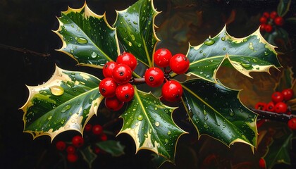 Close-up of variegated holly leaves, adorned with glistening water droplets, and clusters of vibrant red berries against a dark background.