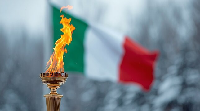 Golden Olympic torch with burning flame in front of Italian flag during winter games ceremony, symbol of unity, sports spirit, victory and celebration, close up with snow background