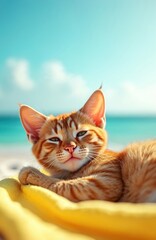 Obraz premium Ginger cat relaxes on yellow towel at sandy ocean beach. Small feline enjoys sunny day with blue sky water background. Adorable kitty resting near sea. Cute pet leisure.