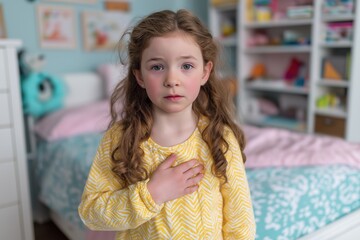 Fototapeta premium Little girl with child heart problem and child chest pain standing in bedroom